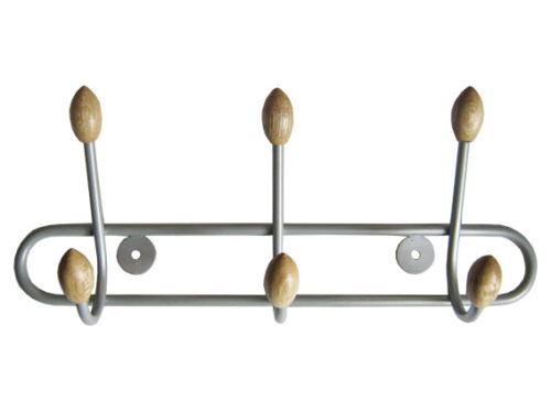 šatňový vešiak radový drôtový WUB3, rad 3 háčikov s dreveným zakončením na jednej lište, dĺžka 30cm, matný nikel / buk